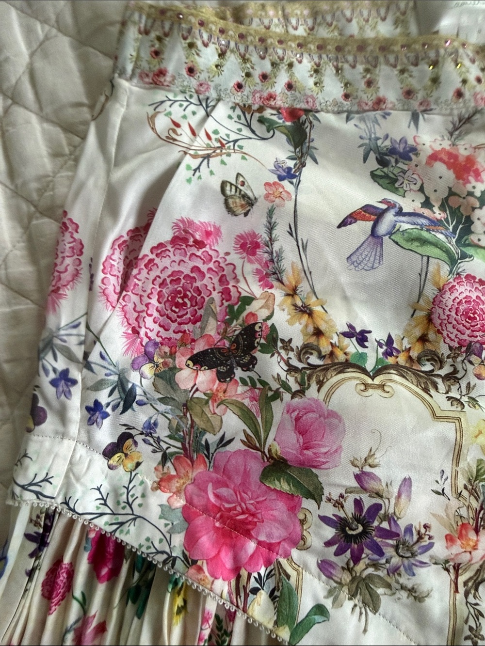 Camilla White High-Waist Floral Fringe Shorts with Pink Accents - Picture 3 of 4